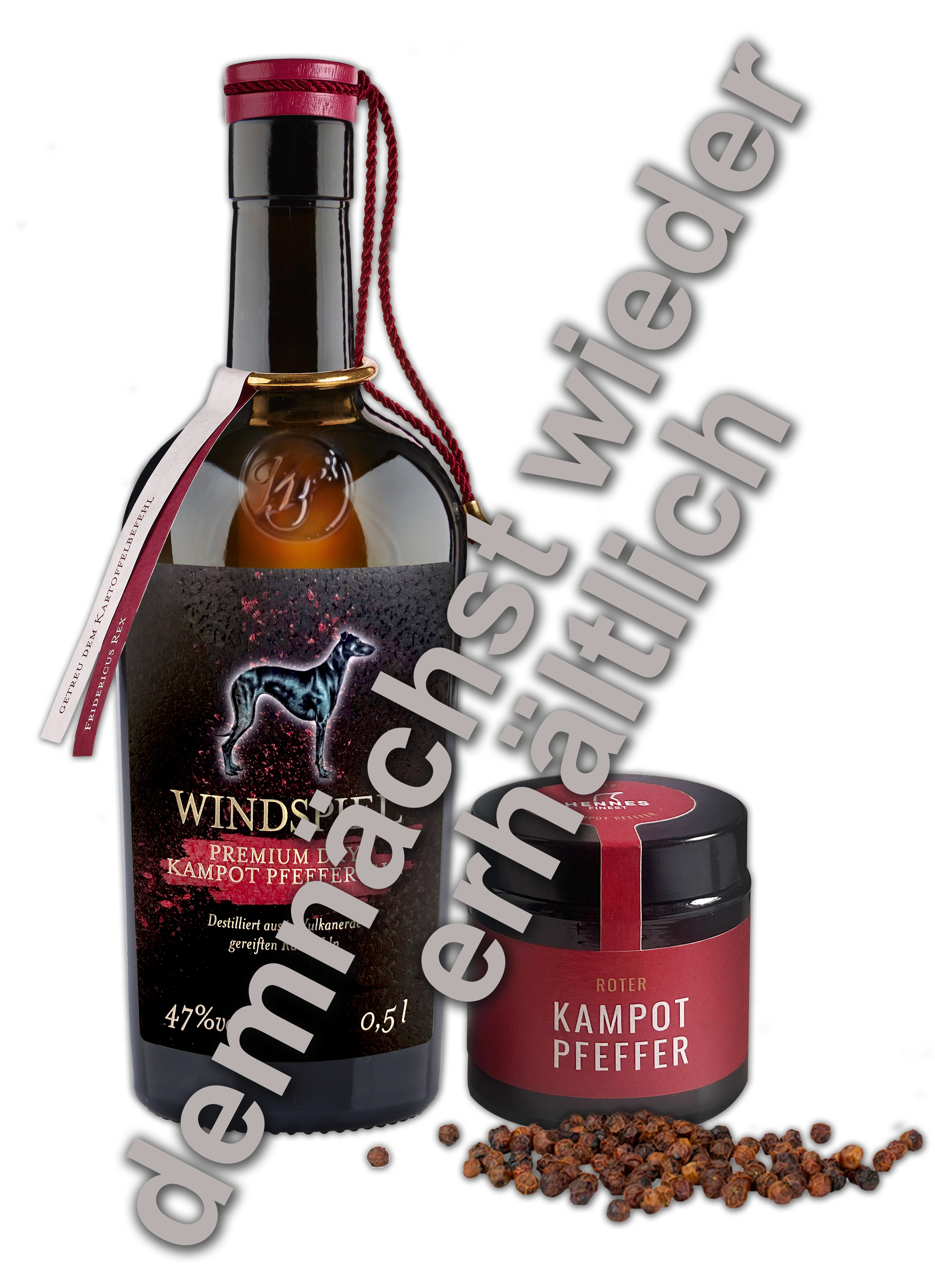 Windspiel Premium Dry Kampot Pfeffer Gin Set 47% 0,5l + 50g Pfefferkörner