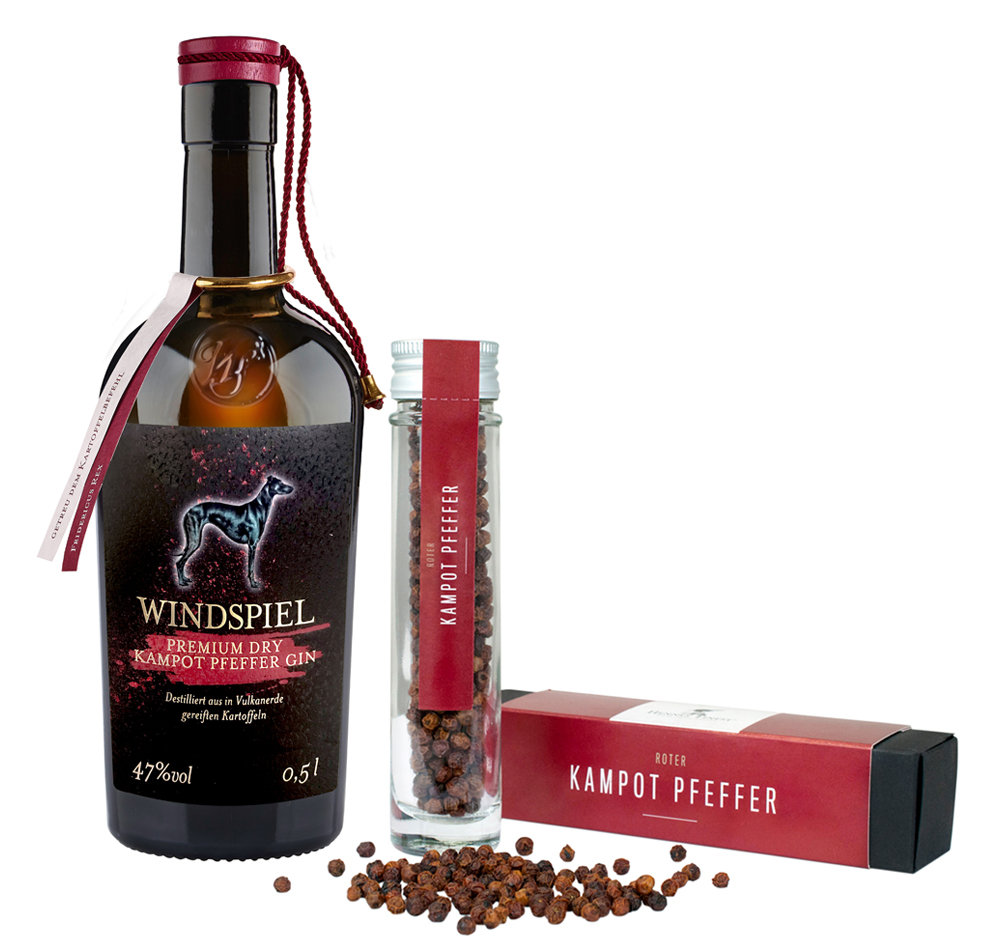 Windspiel Premium Dry Kampot Pfeffer Gin Set 47% 0,5l + 33g Pfeffer ganz