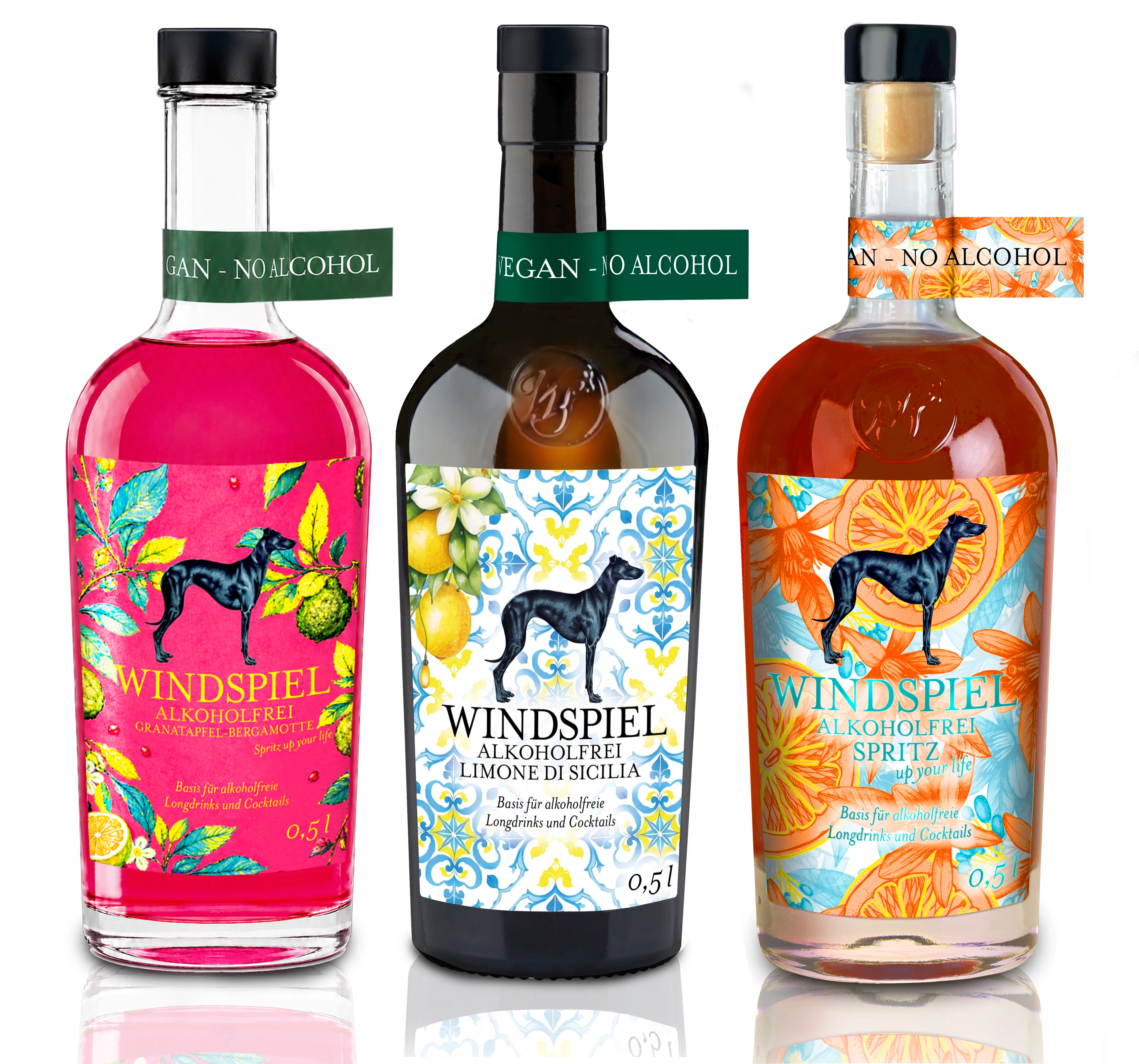 3er Spritz-Set Alkoholfrei mit Windspiel Alkoholfrei Granatapfel-Bergamotte, Windspiel Alkoholfrei Limone Di Sicilia, Windspiel Alkoholfrei Spritz - up your life Kopie