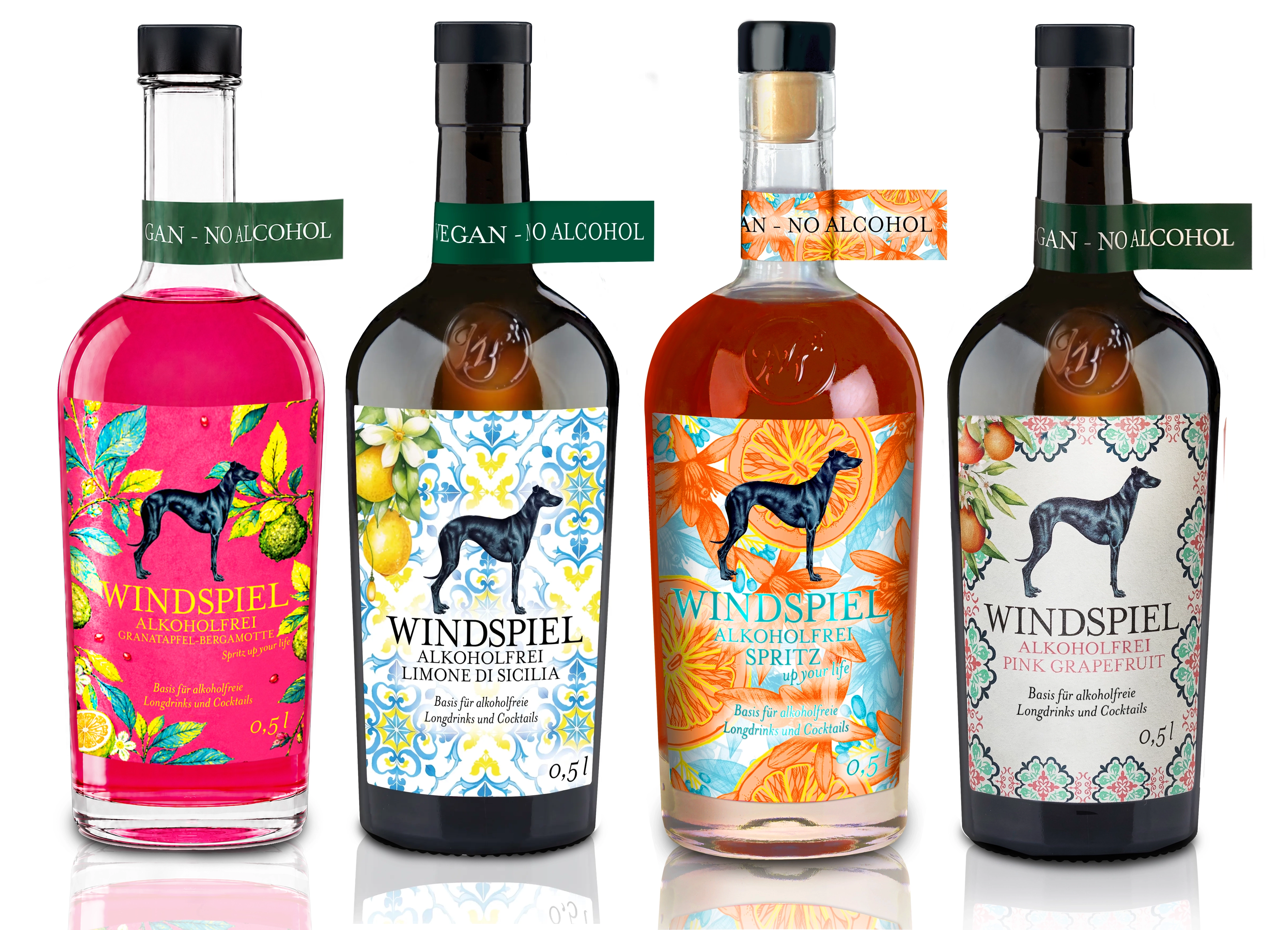 4er Spritz-Set Alkoholfrei mit Windspiel Alkoholfrei Granatapfel-Bergamotte, Windspiel Alkoholfrei Pink Grapefruit, Windspiel Alkoholfrei Limone Di Sicilia, Windspiel Alkoholfrei Spritz - up your life